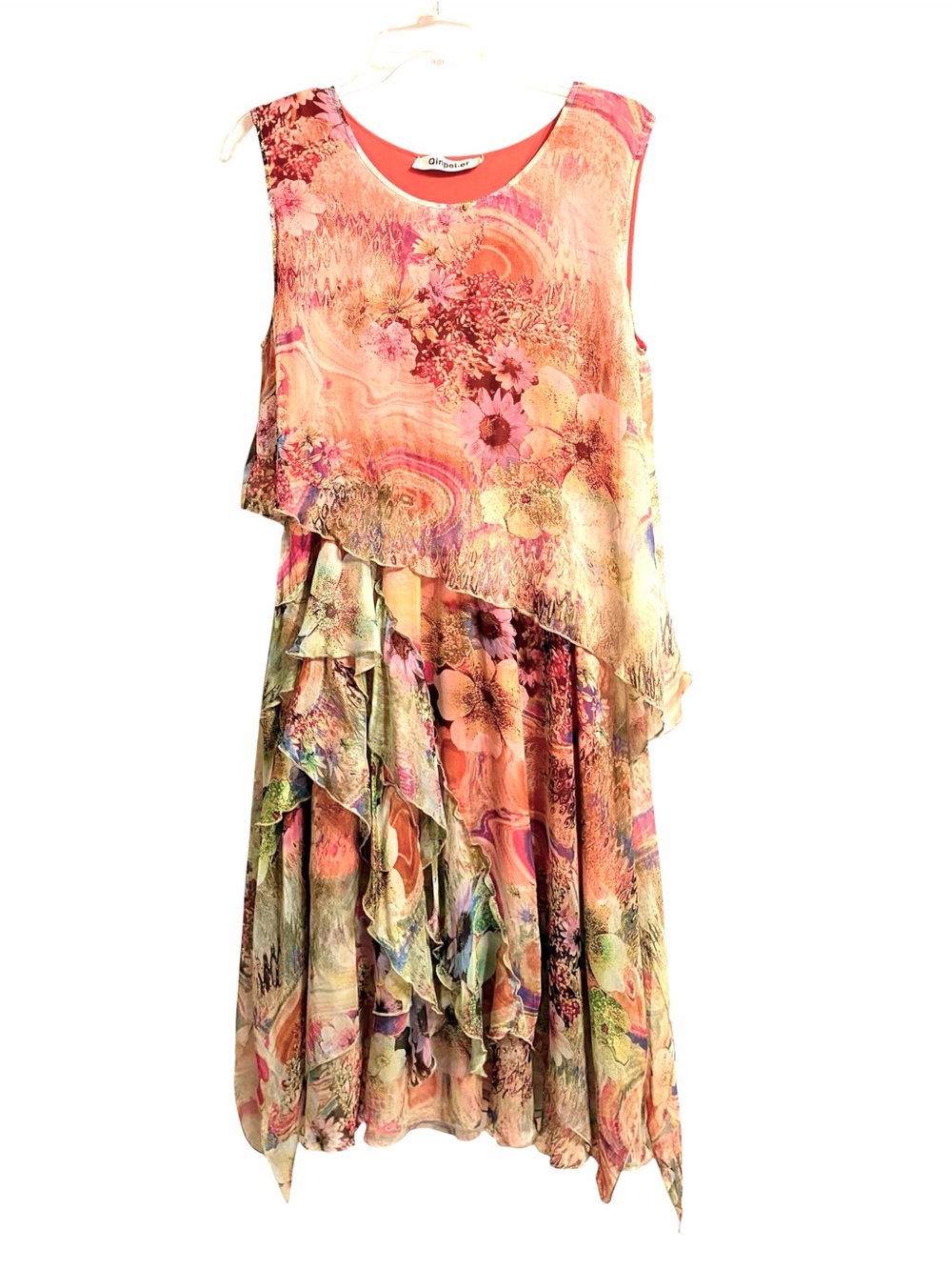 Qinpei.er Silk Floral Fairy Asymmetric Midi Dress Womens L Lightweight Boho Airy